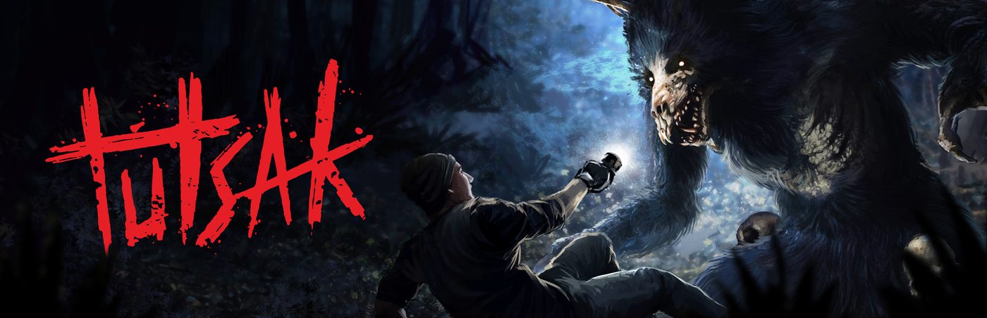 Tutsak: a player with a flashlight facing a huge antlered creature in a dark forest